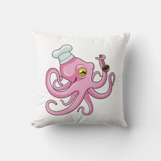 Oktopus als Koch mit Holzlöffel Kissen (Vorderseite)