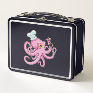 Oktopus als Koch mit Holzlöffel Metall Brotdose