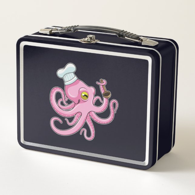 Oktopus als Koch mit Holzlöffel Metall Brotdose (Vorderseite)
