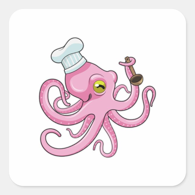 Oktopus als Koch mit Holzlöffel Quadratischer Aufkleber (Vorderseite)