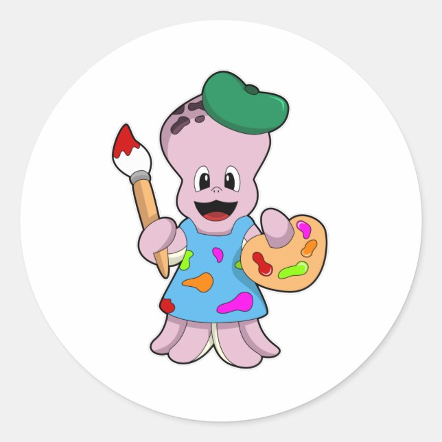 Oktopus als Maler mit Pinsel Runder Aufkleber (Vorderseite)