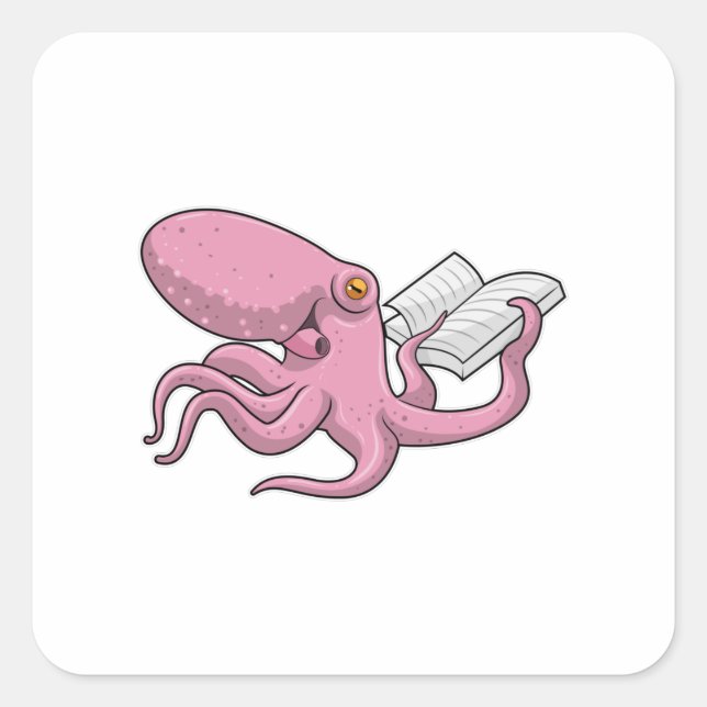 Oktopus als Nerd mit Buch Quadratischer Aufkleber (Vorderseite)