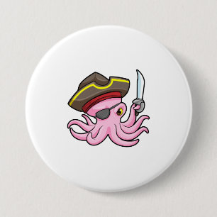 Oktopus als Piraten mit Säbel- und Augenpflaster Button