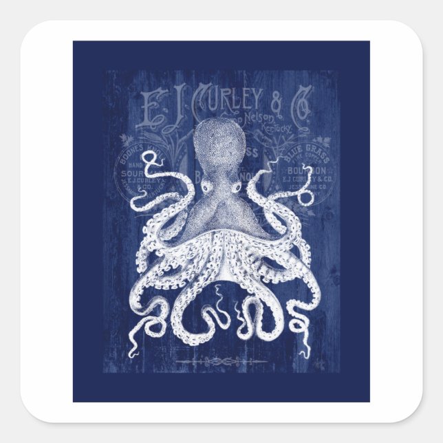 Oktopus auf blau quadratischer aufkleber (Vorderseite)