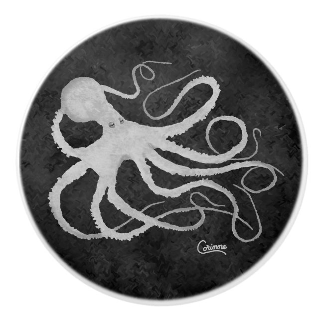 Oktopus auf Dunkelgrau L - Knochen Keramikknauf (Vorderseite)