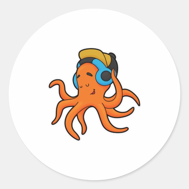 Oktopus bei Musik mit Kopfhörer Runder Aufkleber (Vorderseite)