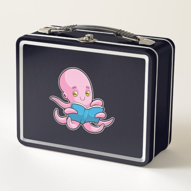 Oktopus beim Lesen eines Buches Metall Brotdose (Vorderseite)