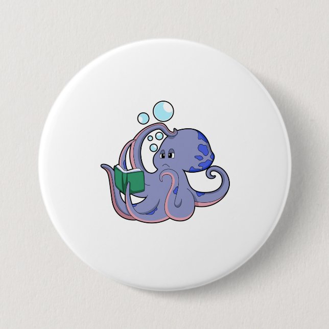 Oktopus beim Lesen mit Buch Button (Vorderseite)