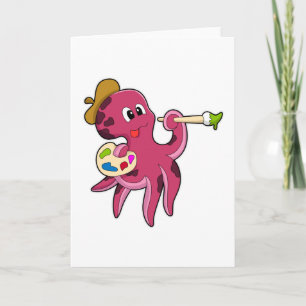 Oktopus beim Malen mit Pinsel und Farbe Karte