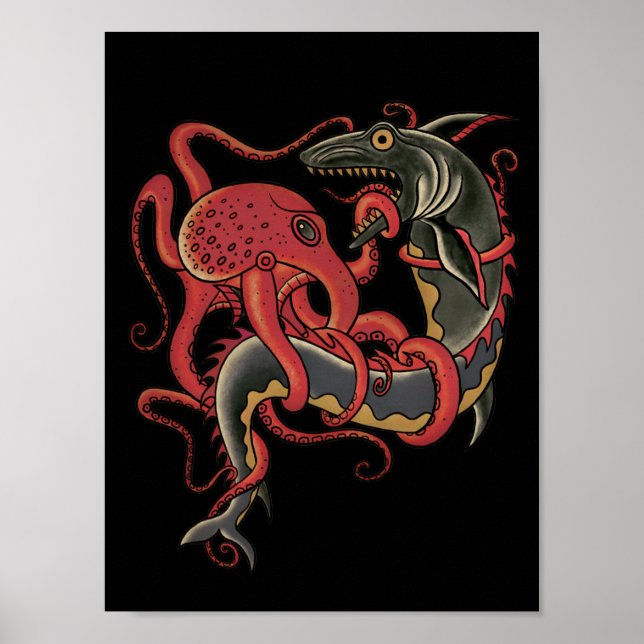 Oktopus, der einen Hai bekämpft Poster (Vorne)