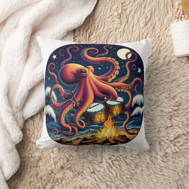 Oktopus, der unter Mondlicht am Lagerfeuer trommel Kissen (Decke)