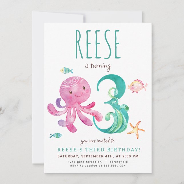 Oktopus Dritte Einladung zum Geburtstag (Vorderseite)