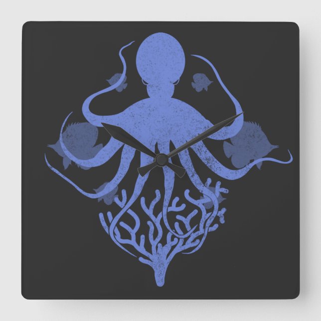 Oktopus (dunkler Hintergrund) Quadratische Wanduhr (Vorderseite)