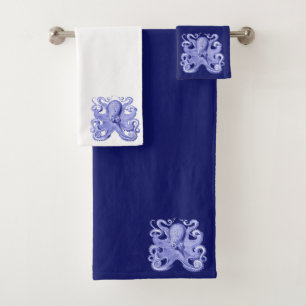 Oktopus Marineblau Weiße Nautilide Küsten Unterwas Badhandtuch Set