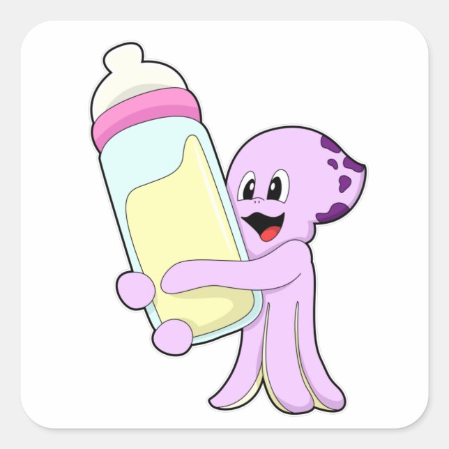Oktopus mit Babyflasche Milch Quadratischer Aufkleber (Vorderseite)
