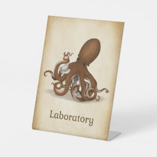 Oktopus mit dem Labor für Chemieflaschen Sockelschild
