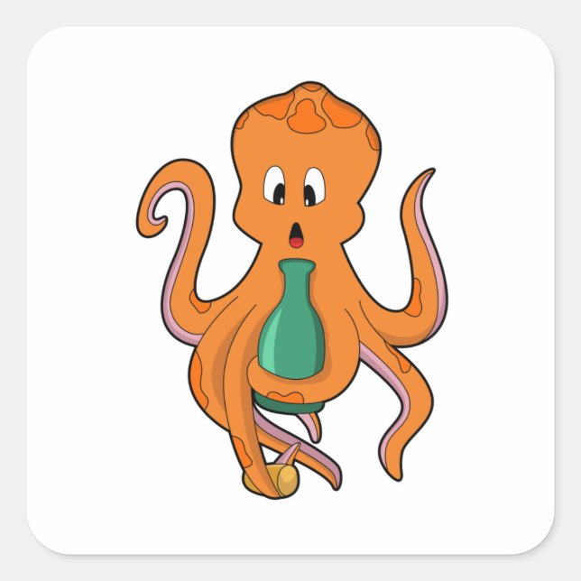 Oktopus mit Flasche.PNG Quadratischer Aufkleber (Vorderseite)