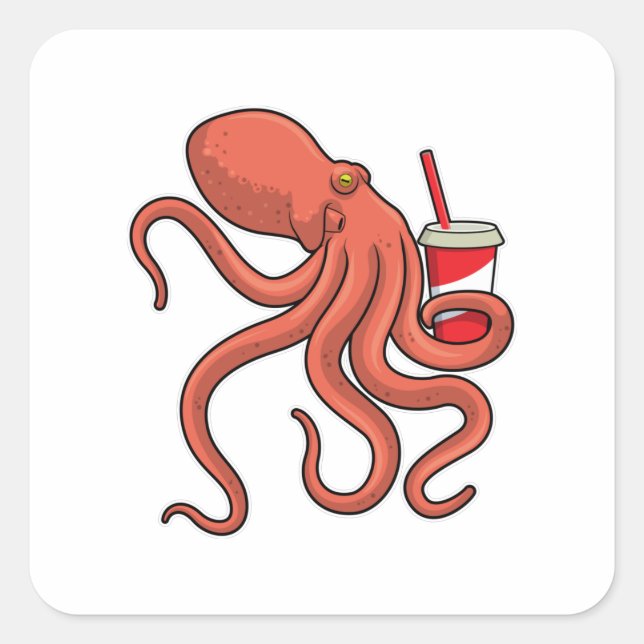Oktopus mit Getränk Quadratischer Aufkleber (Vorderseite)