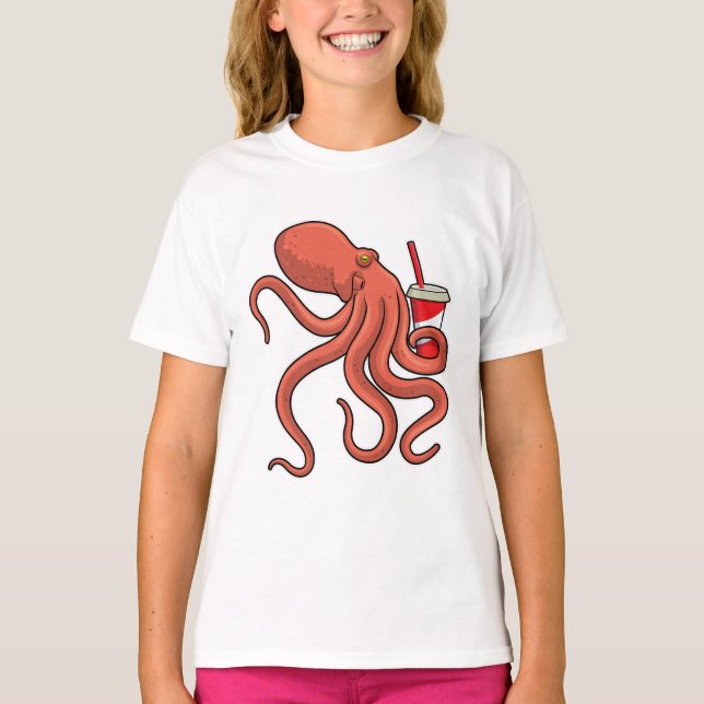 Oktopus mit Getränk T-Shirt (Vorderseite)