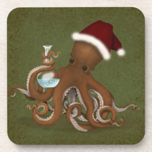 Oktopus mit Glaskolben und Weihnachtsmannmütze Wei Getränkeuntersetzer