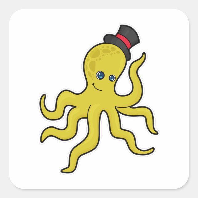 Oktopus mit Hut Quadratischer Aufkleber (Vorderseite)