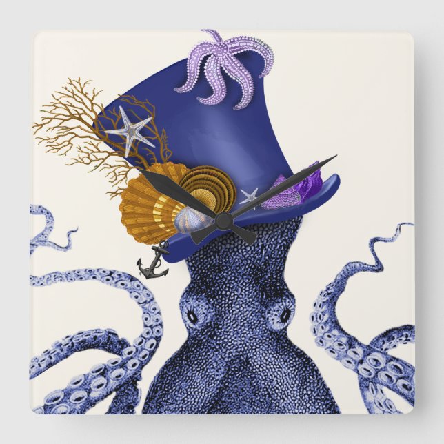 Oktopus mit Nautikhut Quadratische Wanduhr (Vorderseite)