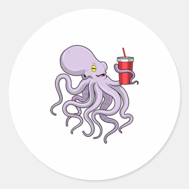 Oktopus mit trinkender Tasse Runder Aufkleber (Vorderseite)