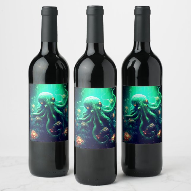 Oktopus Mythische Nautik unter Meereslebewesen Weinetikett (Flaschen)