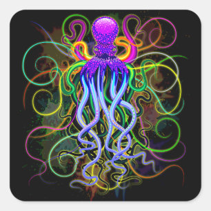 Oktopus Psychedelische Lumineszenz Quadratischer Aufkleber