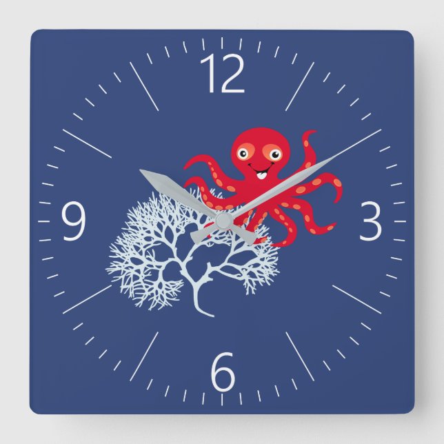 Oktopus Quadratische Wanduhr (Vorderseite)
