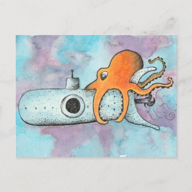 Oktopus und Unterseeboot Postkarte (Vorderseite)