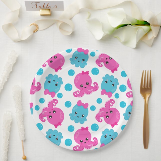 Oktopusmuster, Niedlicher Oktopus, Meerestiere Pappteller (Hochzeit)