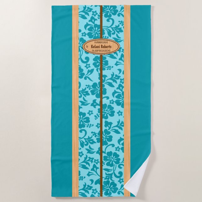 Okuleia Hawaiianische Imitat Holzmonogramm-Surfboa Strandtuch (Vorderseite)