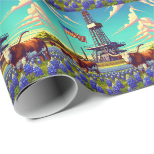Öl Gas Rig Langornrinder und amerikanische Flagge Geschenkpapier