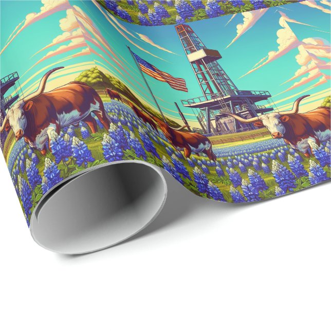Öl Gas Rig Langornrinder und amerikanische Flagge Geschenkpapier (Rolleneckpunkt)