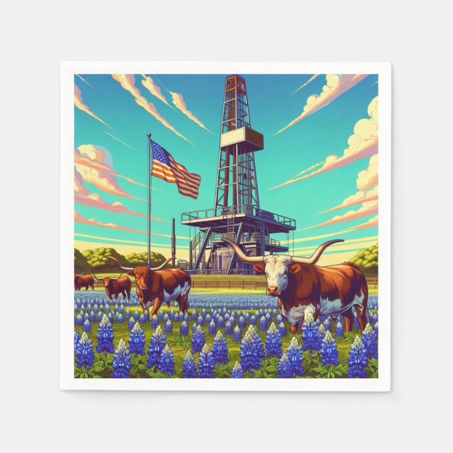 Öl Gas Rig Langornrinder und amerikanische Flagge Serviette (Vorderseite)