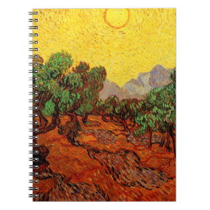 Ölbäume von Van Gogh mit gelbem Himmel und Sonne Notizblock