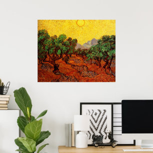 Ölbäume von Van Gogh mit gelbem Himmel und Sonne Poster