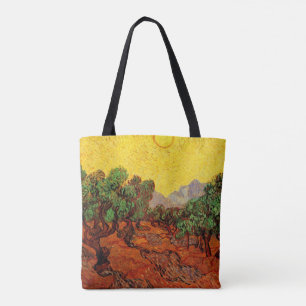Ölbäume von Van Gogh mit gelbem Himmel und Sonne Tasche