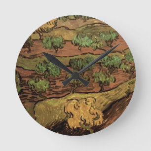 Ölbäume von Vincent van Gogh gegen einen Hügelhang Runde Wanduhr