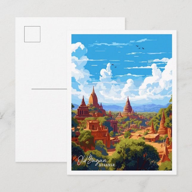 Old Bagan Myanmar Art Vintage Reise Postkarte (Vorne/Hinten)