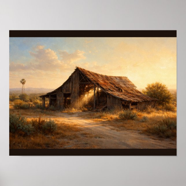Old barn half-collapsed in sunlight poster (Vorne)