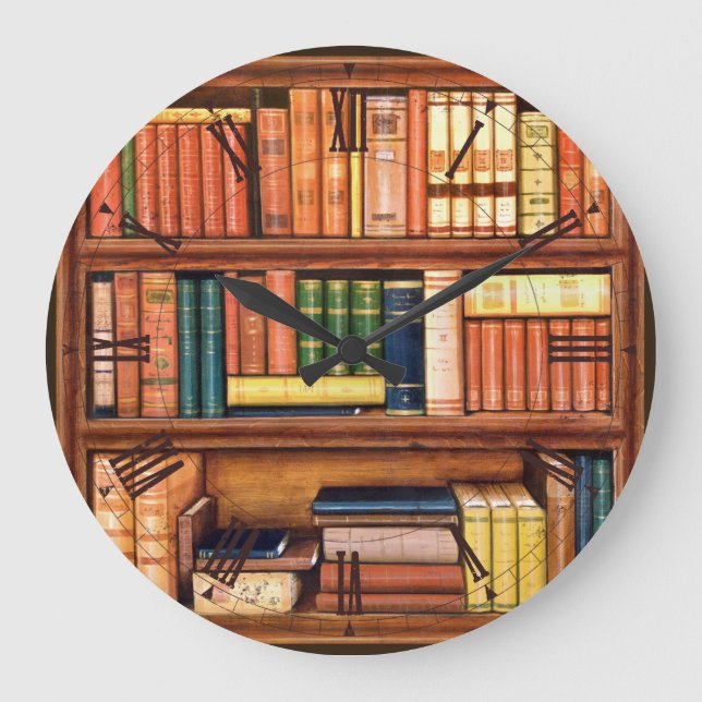 Old Books Library Bookshelf Roman Wall Clock Große Wanduhr (Vorderseite)