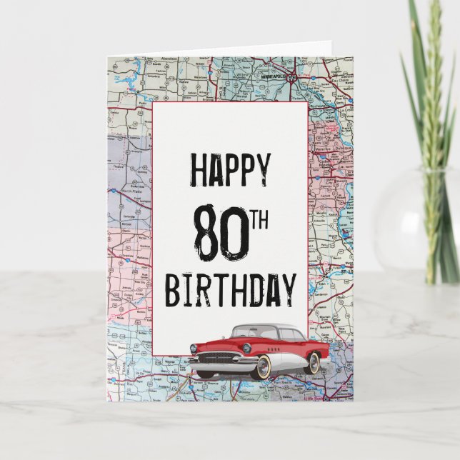 Old Car auf Road Map 80. Geburtstag Karte (Vorderseite)