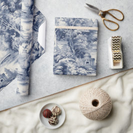 Old Castle Modern Blue Toile de Jouy Muster Geschenkpapier