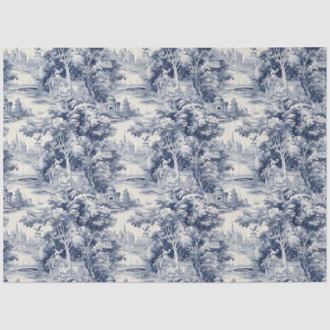 Old Castle Modern Blue Toile de Jouy Muster Seidenpapier (Vorderseite)