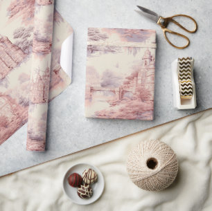 Old Castle Modern Red Toile de Jouy Muster Geschenkpapier