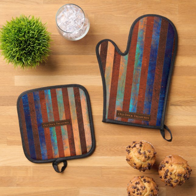 Old Dock Treasures Pot Holder / Metal Ofenhandschuh & Topflappen-Set (Oben Unten)