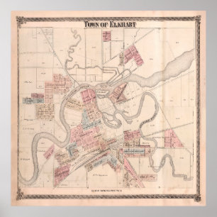 Old Elkhart IN Map (1874) Vintage Altstadt Poster