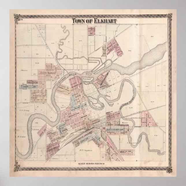 Old Elkhart IN Map (1874) Vintage Altstadt Poster (Vorne)